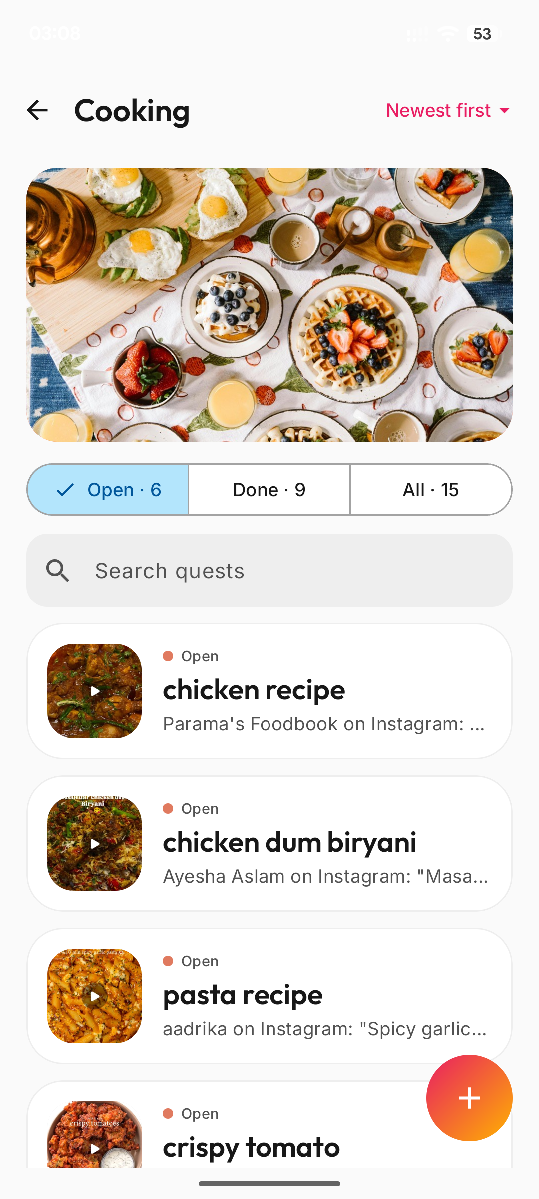 Cooking bucket with open and done quests