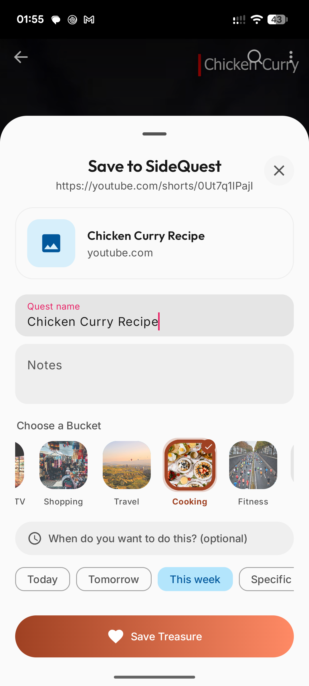 Save a shared link as a quest with bucket and timing